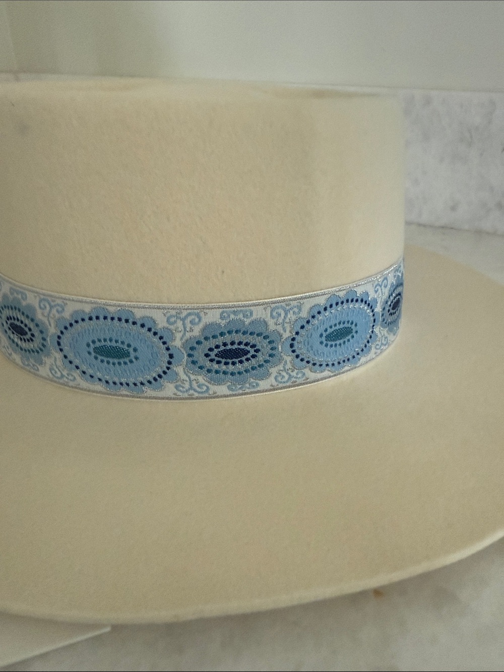 Lack Of Color Cream Felt Wide-Brim Hat with Blue Patterned Band - Picture 2 of 4